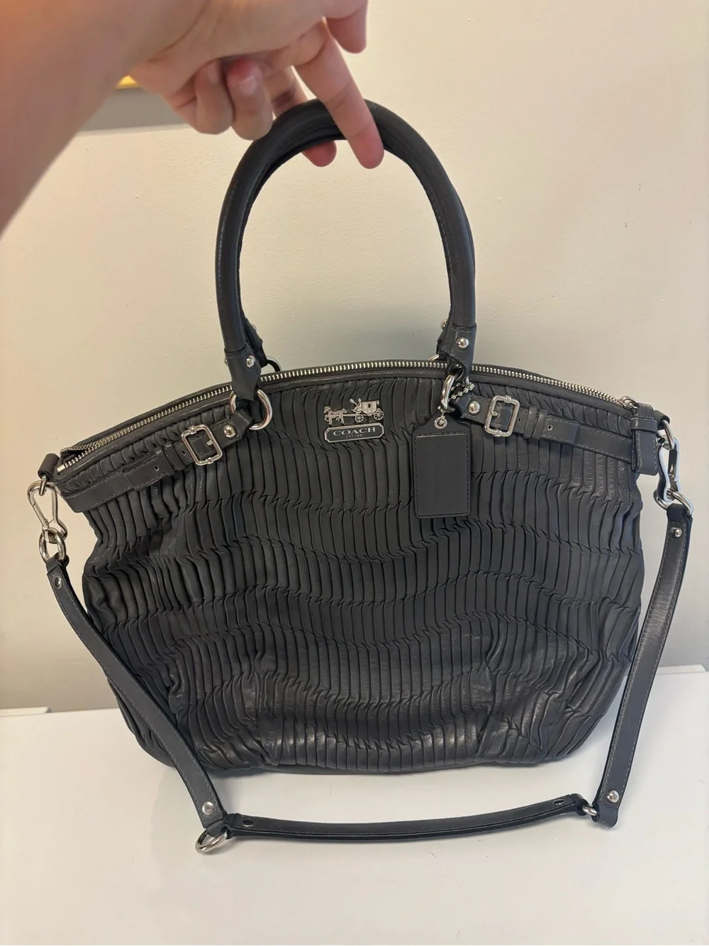 Coach Madison Gathered Leather Satchel Gray Crossbody Bag Purse